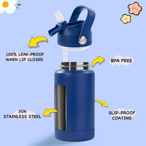 12Oz Kids Water Bottle, Stainless Steel Insulated Water Bottle for Kids, Toddler Cup with Straws Leak-Proof, Kids Water Bottles for School Boys Girls, BPA Free, Blue